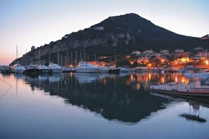A marina with boats docked, a mountain in the background, and buildings along the waterfront.