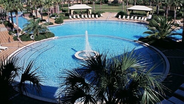 Une grande piscine circulaire avec une fontaine centrale, entourée de palmiers et de chaises longues.