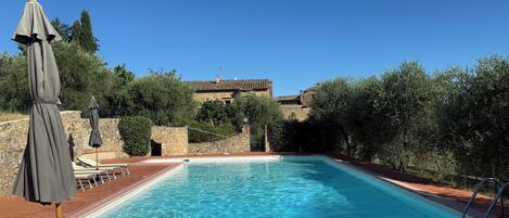 Seasonal outdoor pool, open 8:00 AM to 8:00 PM, pool umbrellas