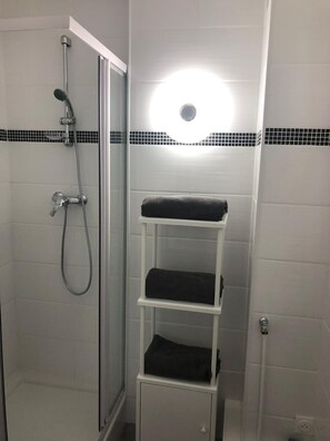 Shower, hair dryer, towels