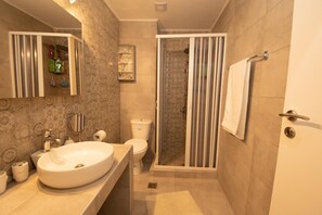 Hair dryer, towels, soap, shampoo