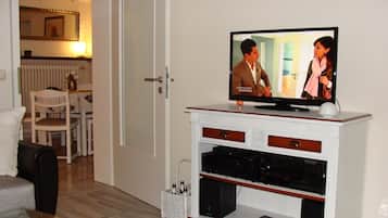 Fernseher, DVD-Player, Bücher, Musikbibliothek