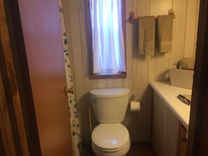 A small bathroom with a toilet, a sink, and a window with a curtain. - CREEKSIDE CABINS  - CHIPMUNK (Bryson City)