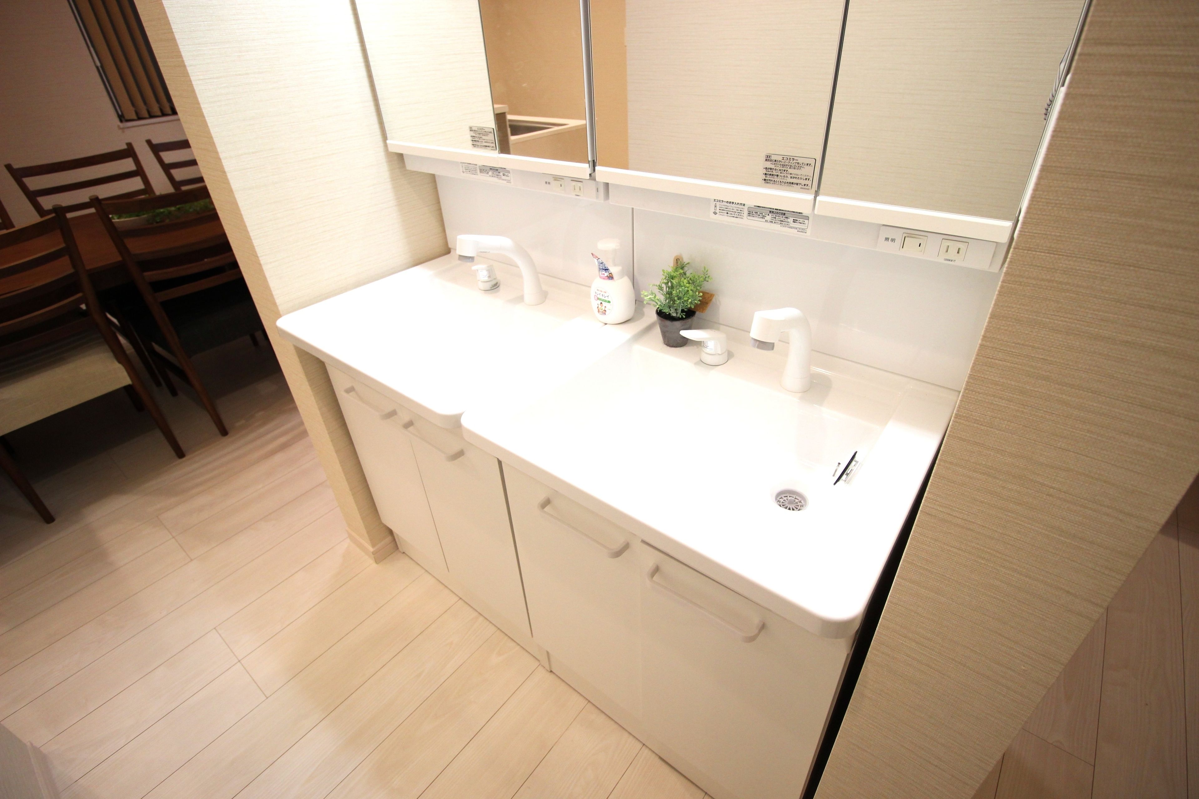 A bathroom with a white sink, mirror, and cabinets. There is a small potted plant on the counter.