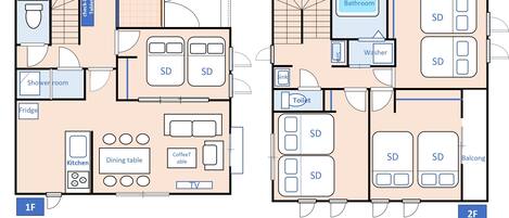 A 3LDK (10max) hotel layout with an HV-8 rating, including a kitchen, dining area, shower room, and balcony.