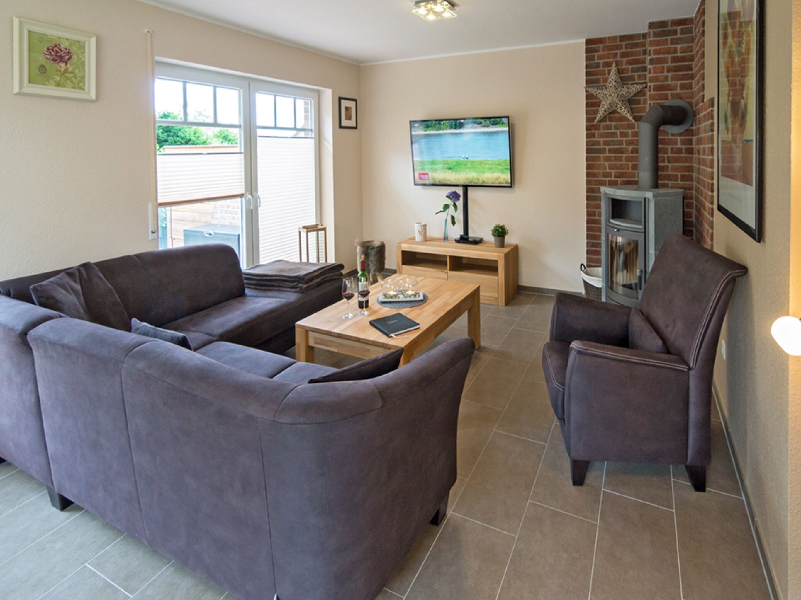 Smart TV, chimenea, reproductor de DVD y libros 