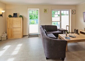 TV connectée, cheminée, lecteur de DVD, livres