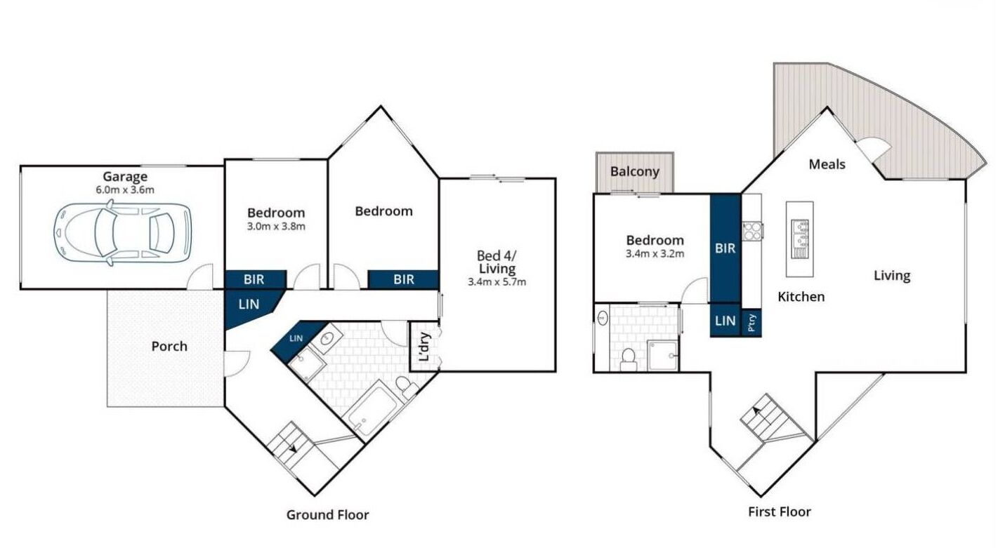 A two-floor house layout with a garage, two bedrooms, a balcony, a living room, a kitchen, and a dining area.