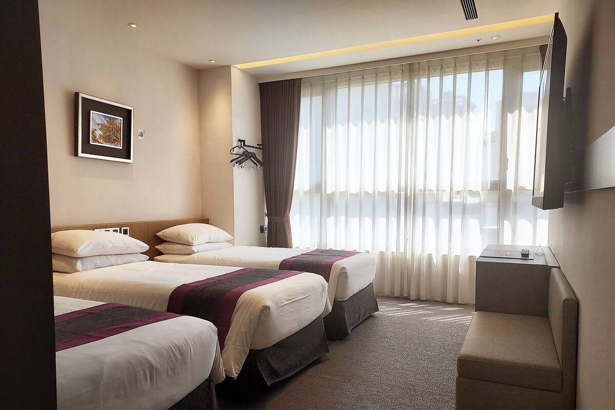 Habitación de hotel con dos camas, un escritorio, un televisor y una ventana con cortinas.