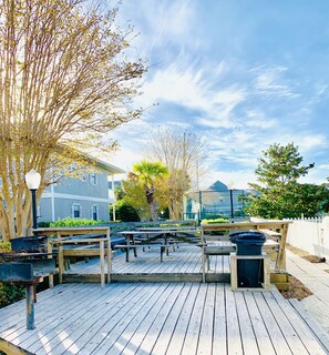 A wooden deck with picnic tables and benches, surrounded by trees and a fence.