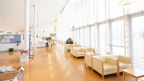 Un'ampia hall con una lunga reception, diverse zone salotto e grandi finestre che lasciano entrare la luce naturale.