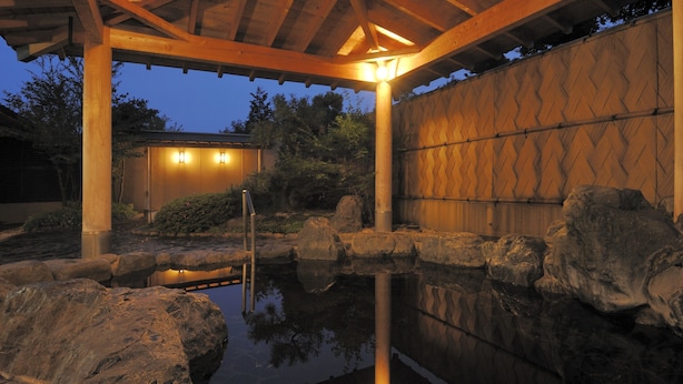 Un'area esterna tranquilla con una pergola in legno, un piccolo stagno e un muro in pietra.