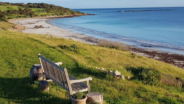 A wooden bench on a grassy hill overlooking a beach with a clear view of the ocean. - Stone eco-friendly villa, beachfront acreage. Penguins, koalas (Emu Bay)