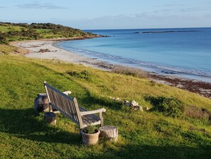 A wooden bench on a grassy hill overlooking a beach with a clear view of the ocean. - Stone eco-friendly villa, beachfront acreage. Penguins, koalas (Emu Bay)