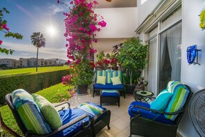 Sitting area off master bedroom, has awning for shade/privacy if desired. 