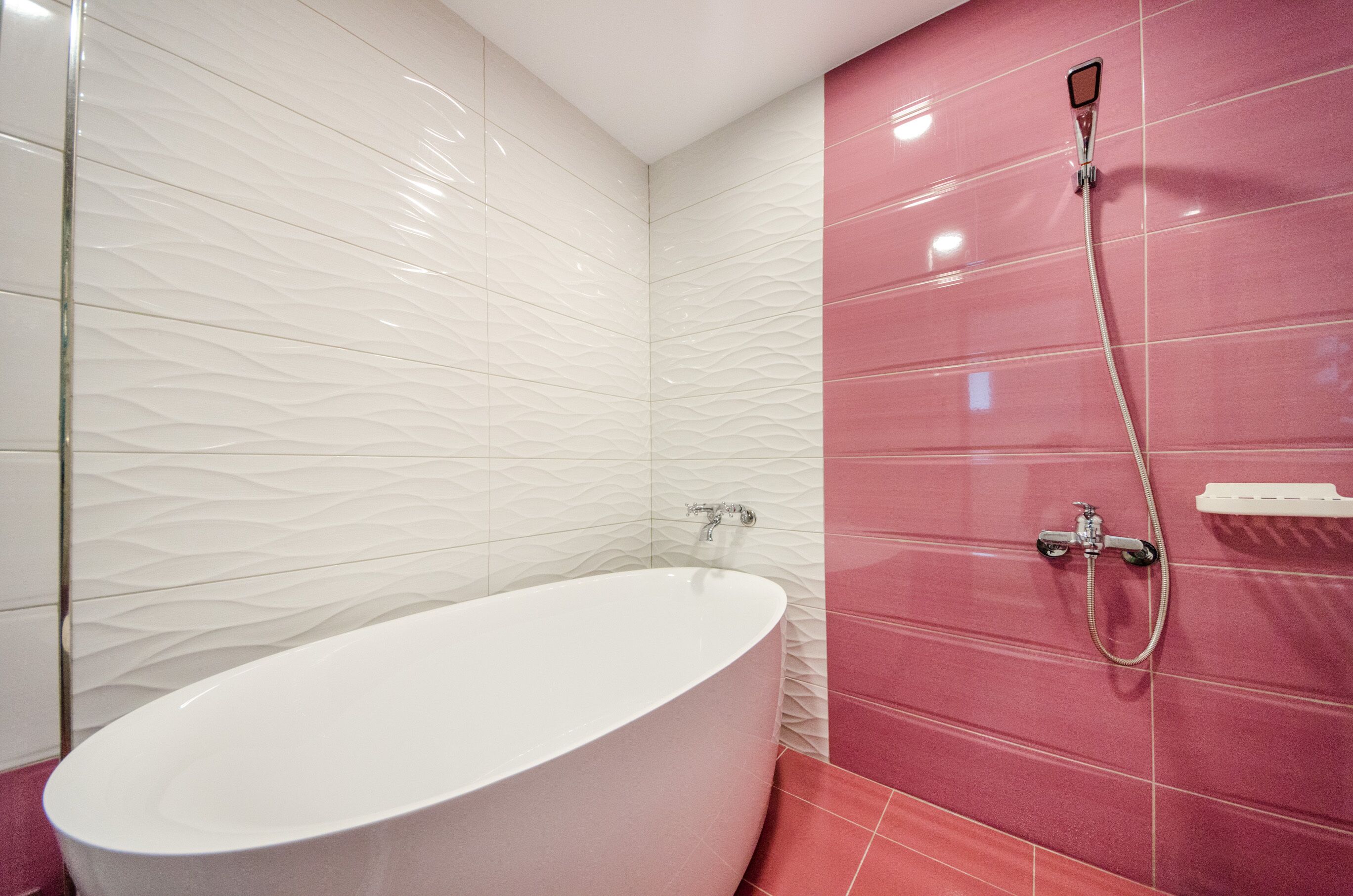 Une salle de bain moderne avec une baignoire sur pieds, une douchette et un robinet mural.