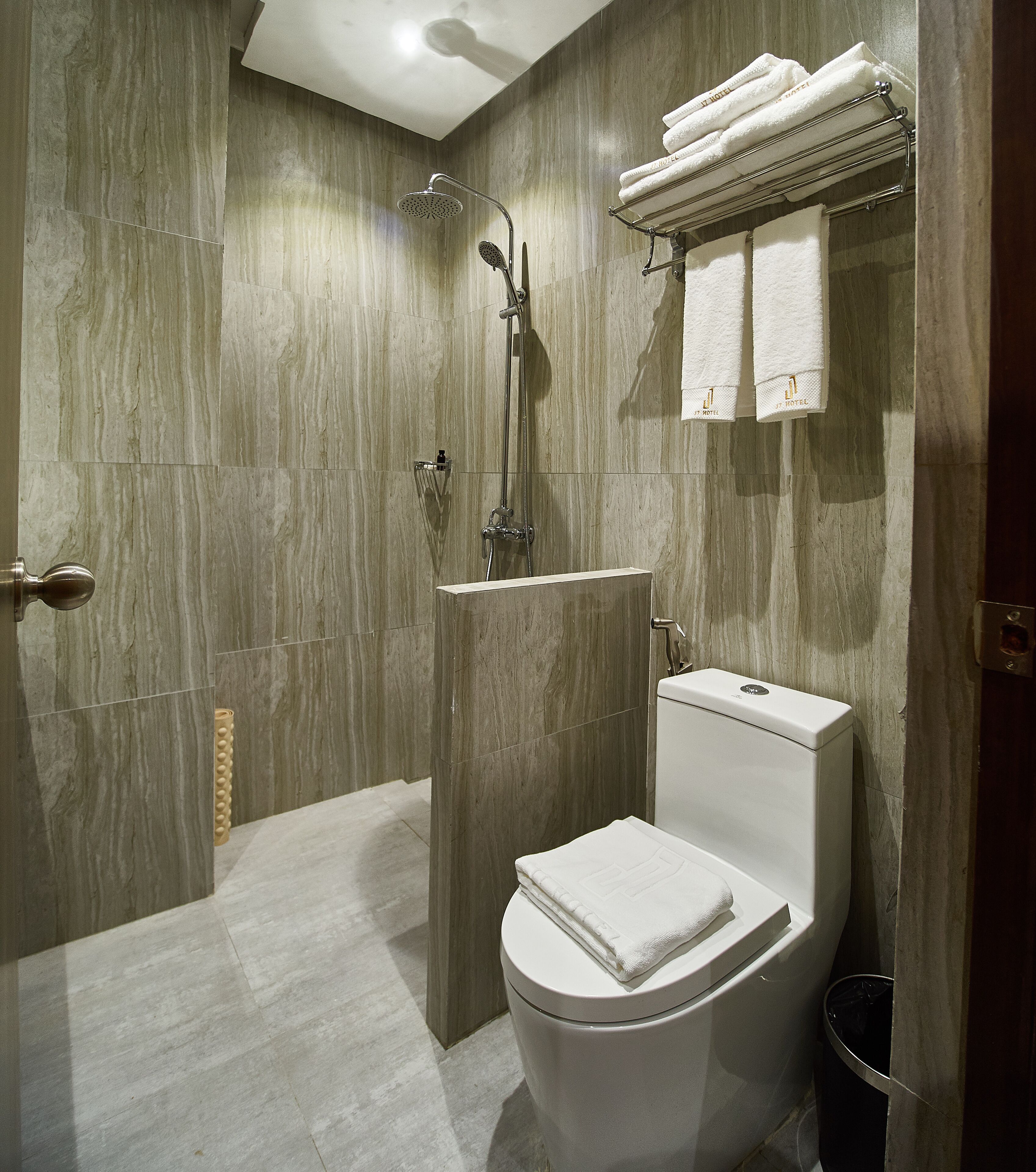 shower, slippers, towels