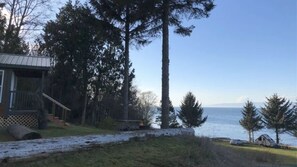 Una baita con vista sull'acqua, circondata da alberi.