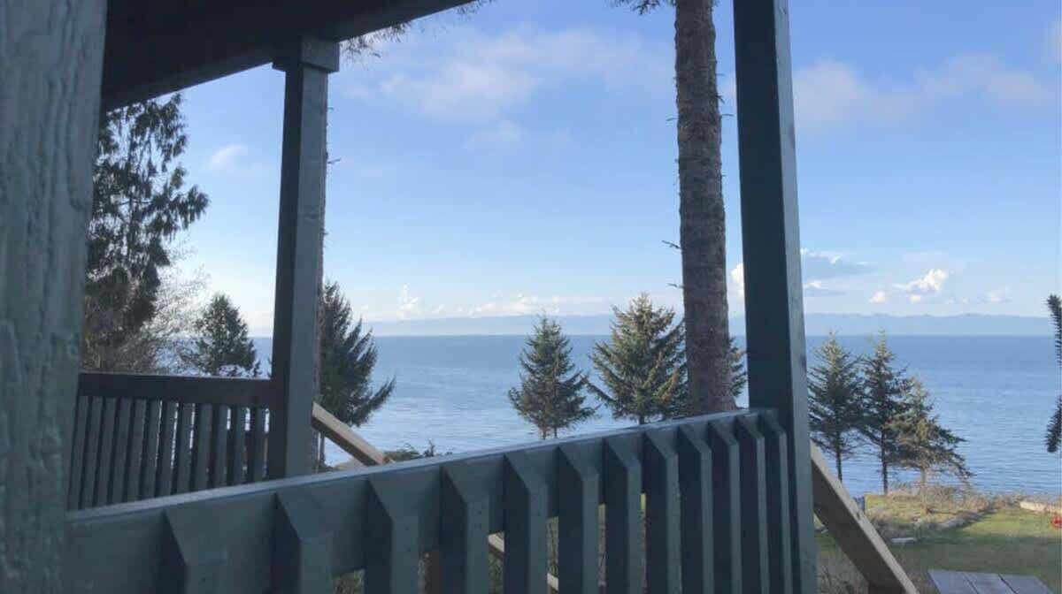 A wooden deck with a railing overlooking a body of water and trees.