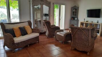 Smart TV, fireplace, DVD player, books