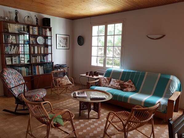 Téléviseur, foyer, lecteur de DVD, livres