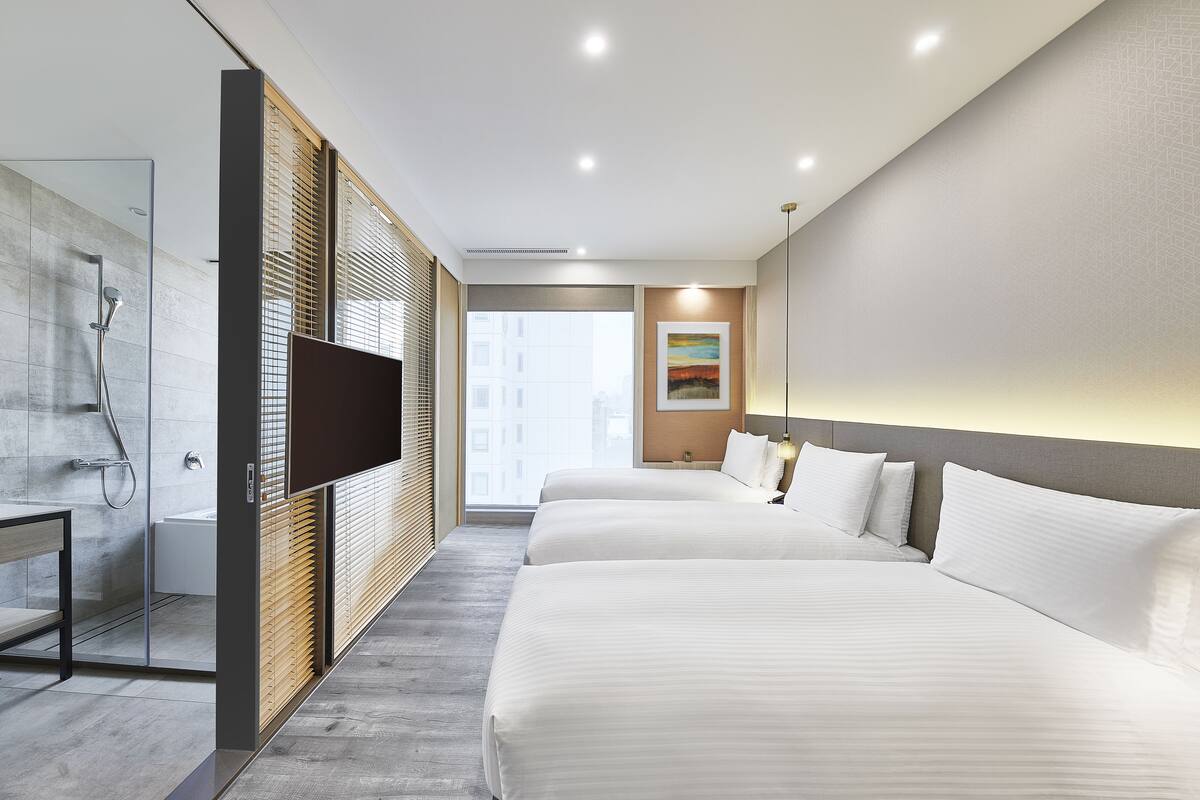 A modern hotel room with a large bed, a TV, a shower, and a view of the city.