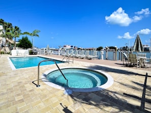 A heated pool, pool loungers