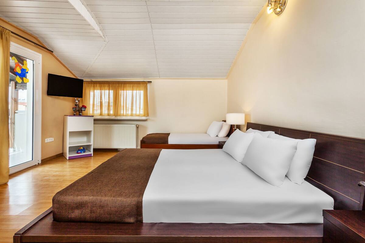 Habitación de hotel con una cama grande, una cama más pequeña, un televisor, una ventana con cortinas y un radiador.