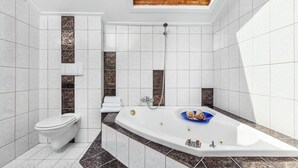 A modern bathroom with a freestanding bathtub, a toilet, and a skylight. - Amfion Hotel (Katerini)