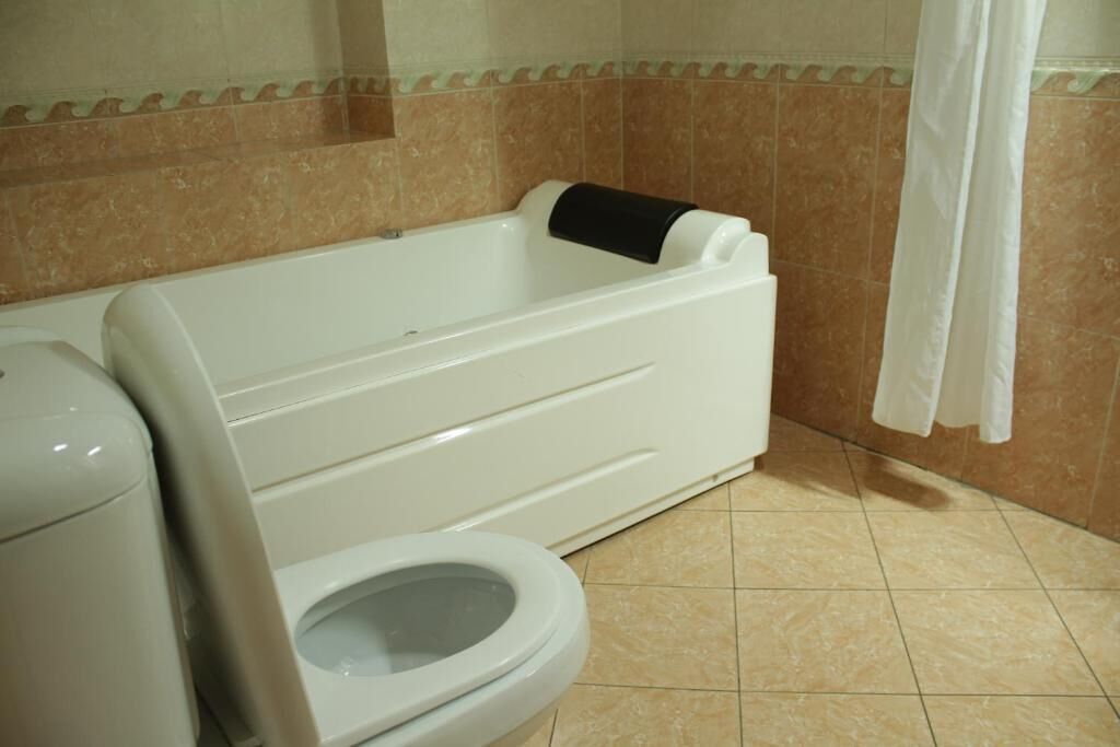 A bathroom with a bathtub, toilet, and a shower curtain.