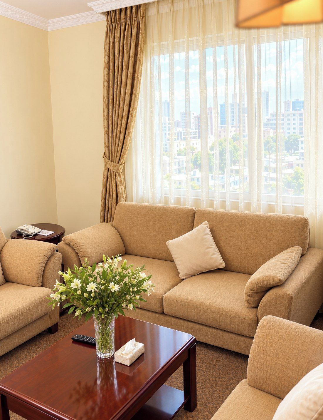 A living room with a beige sofa set, a wooden coffee table with a vase of flowers, a remote control, and a telephone on a side table.