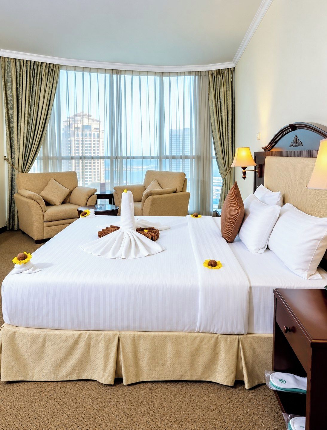 Een hotelkamer met een groot bed, twee fauteuils, een nachtkastje en uitzicht op de skyline door grote ramen.