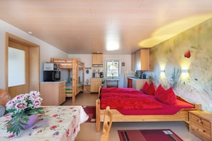 Una stanza compatta con un letto, un angolo cottura e una zona pranzo.
