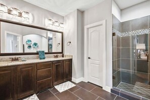 Shower, hair dryer, shampoo