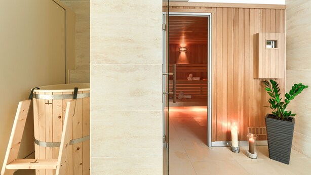 Un baño moderno con sauna, cabina de ducha de vidrio y una planta en maceta.