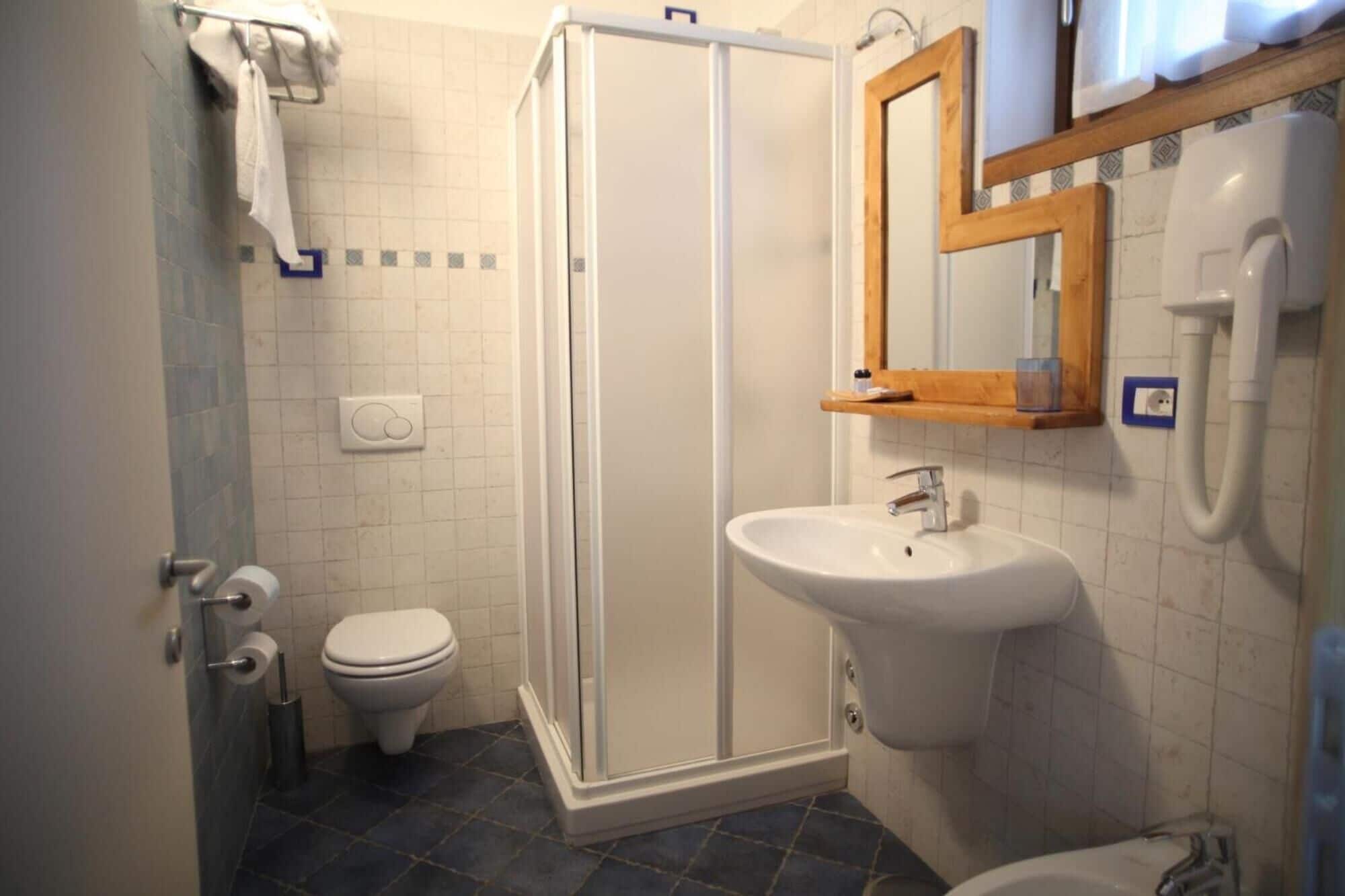 A bathroom with a toilet, a shower enclosure, a sink, and a mirror.