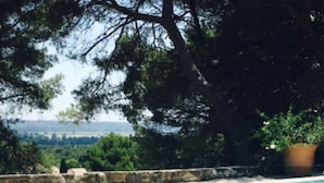 A swimming pool with a stone wall and a view of trees and hills in the background. - Lou Ventoulet (Mouries)