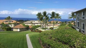 A residential area with houses, a pathway, and a view of the ocean.
