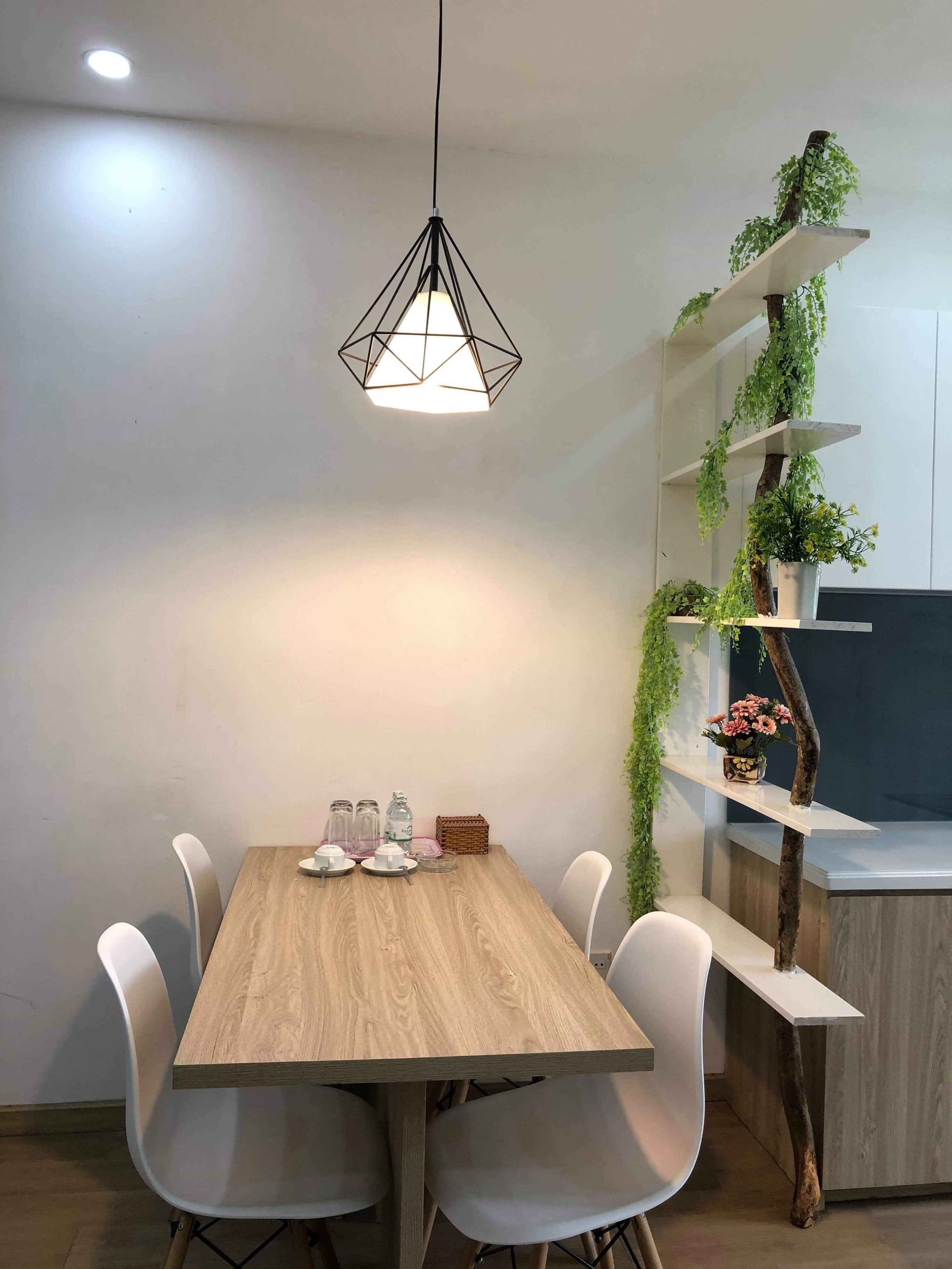 A dining area with a wooden table, white chairs, a hanging light fixture, and shelves with plants.