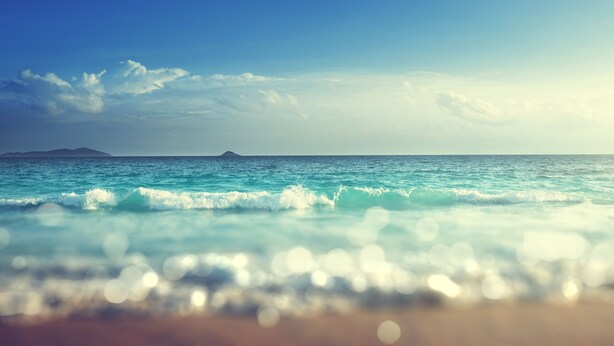 Una playa con olas y una isla distante.