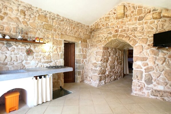 A stone-walled kitchen with a built-in counter, a sink, and a television mounted on the wall.