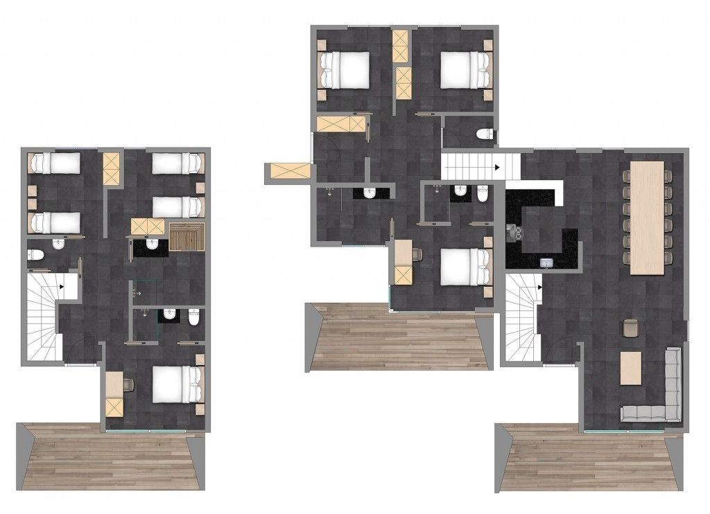 A hotel layout with multiple bedrooms, a dining area, and a kitchen.