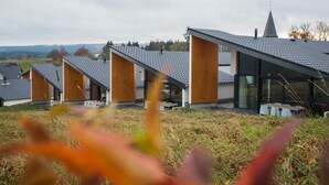 A modern building with a series of rooms featuring sloped roofs and large windows. - Villas Winterberg (Winterberg)