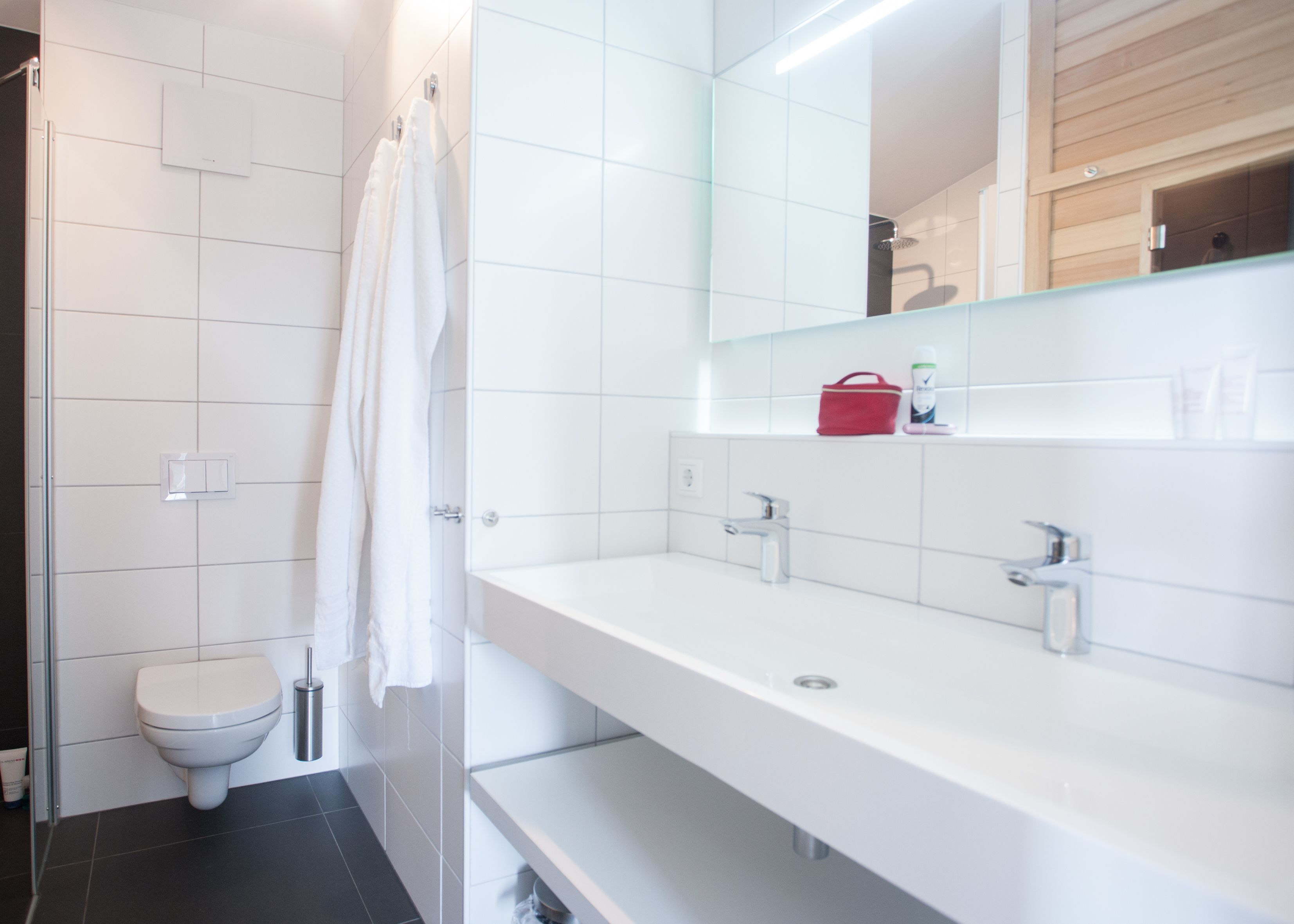 A modern bathroom with a white toilet, a glass shower enclosure, a white sink with a mirror above it, and a red bag on the sink's edge.