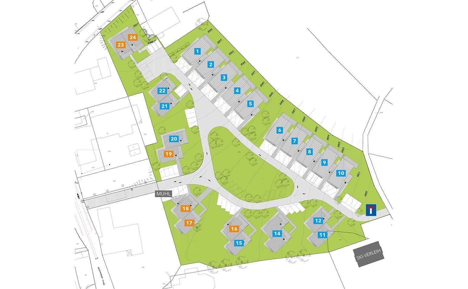 Een schema van een hotel met genummerde kamers en een parkeerplaats.
