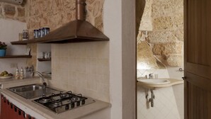 A kitchen with a gas stove, a sink, and a stone wall. - Monolocale del Sole (Morciano di Leuca)