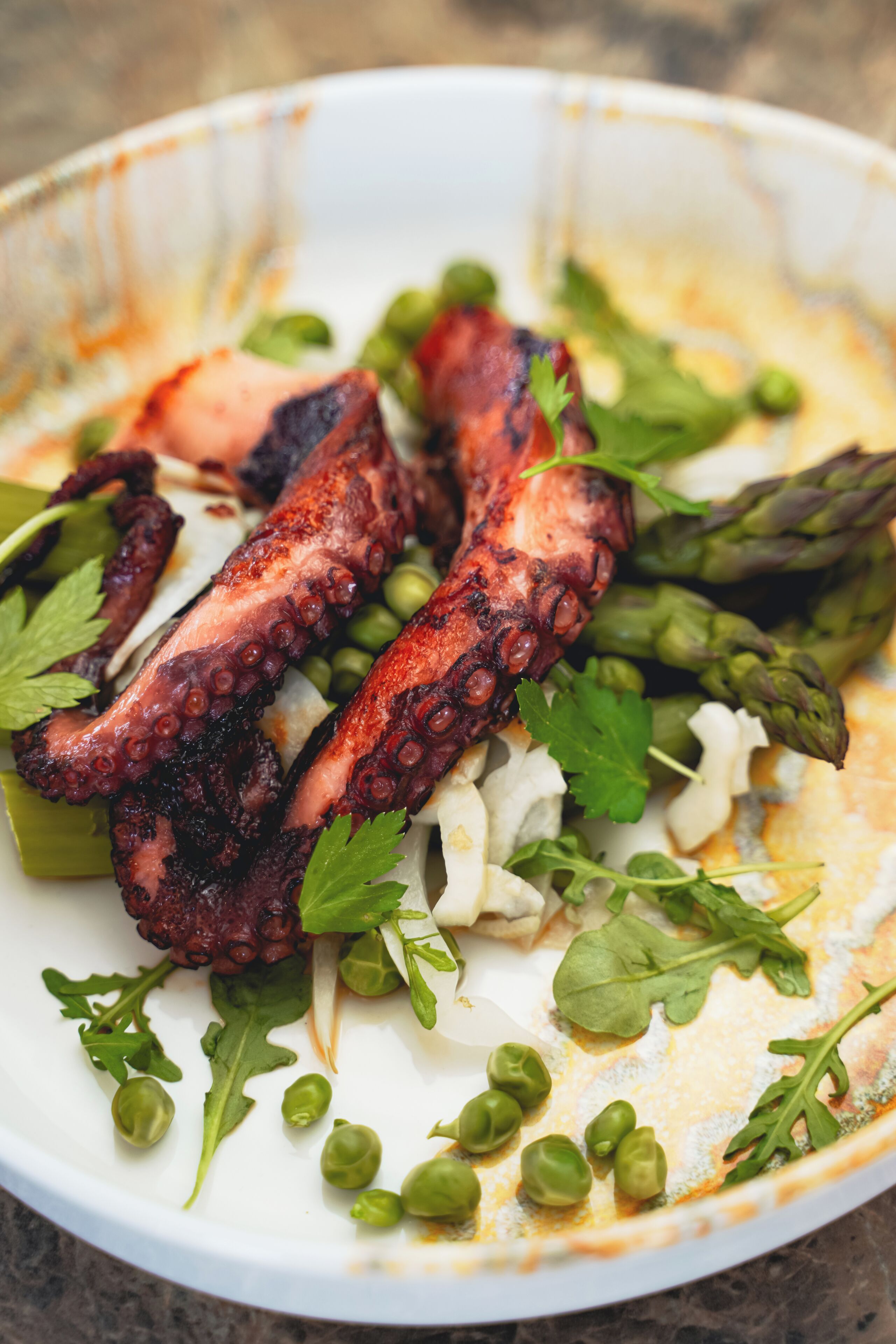 A plate of grilled octopus with asparagus and greens.