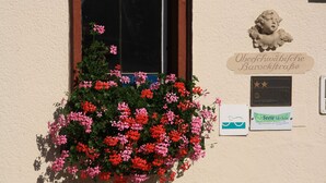 A window with a flower box containing red and pink flowers, a plaque with a cherub, and a sign with text.