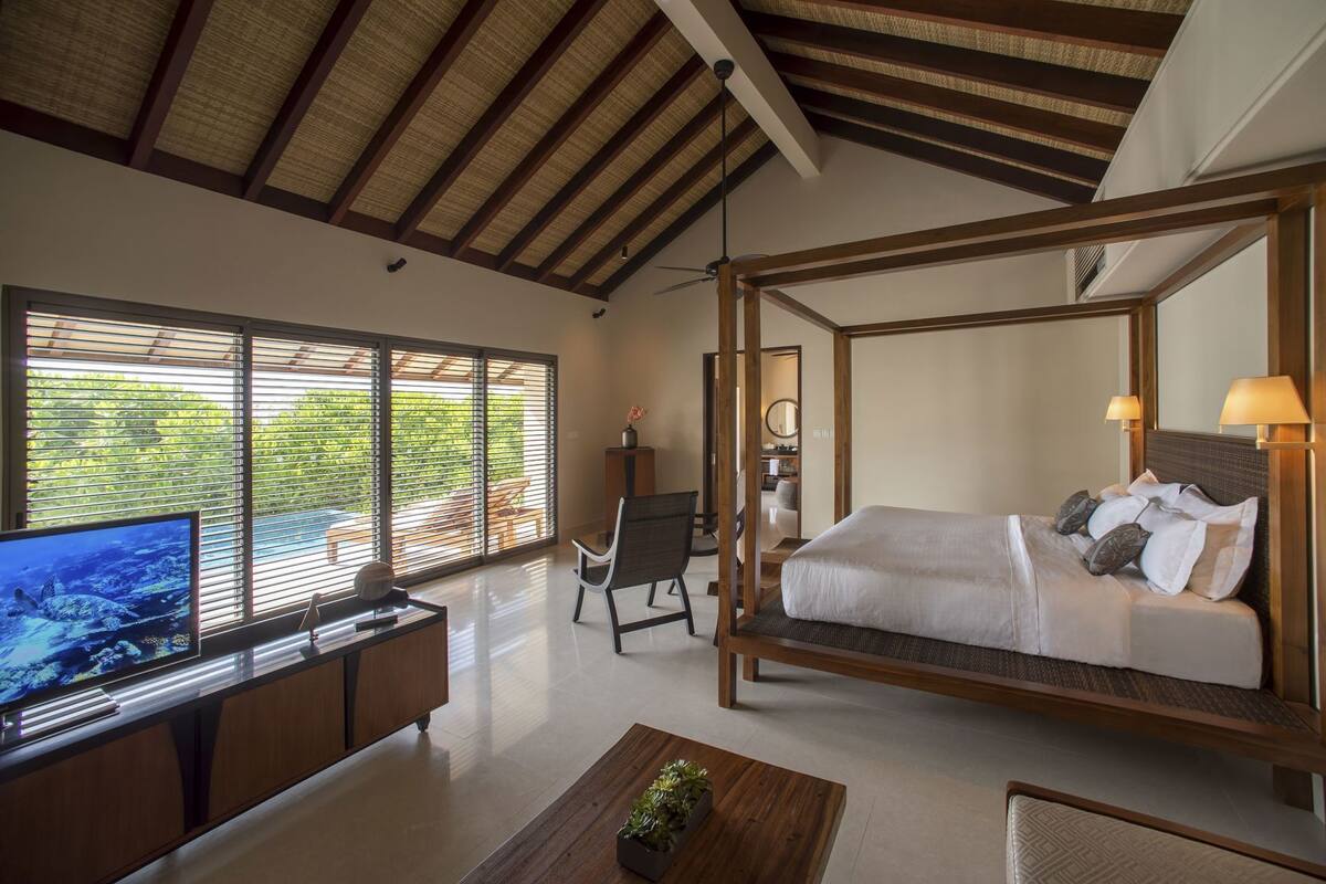 A spacious room with a large bed, a desk with a TV, and a view of greenery through large windows.