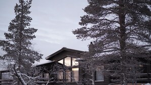 Una cabaña con fachada de madera, rodeada de árboles cubiertos de nieve y una terraza de madera.